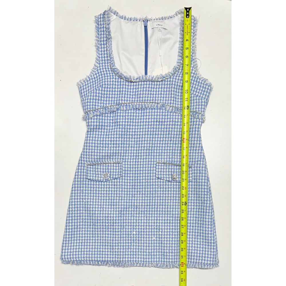 LIKELY Mini Dress Blue White Houndstooth Fringe Trim Sleeveless Career Party‎